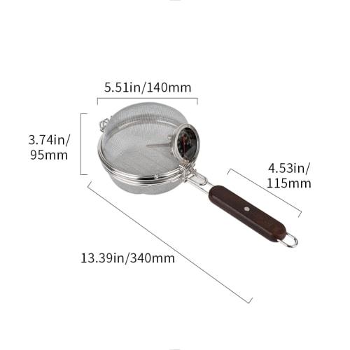 Stainless Steel Hand Roaster with Wooden Handle, Round, 14cm Diameter, Suitable for Home Use (includes Cooking Thermometer)