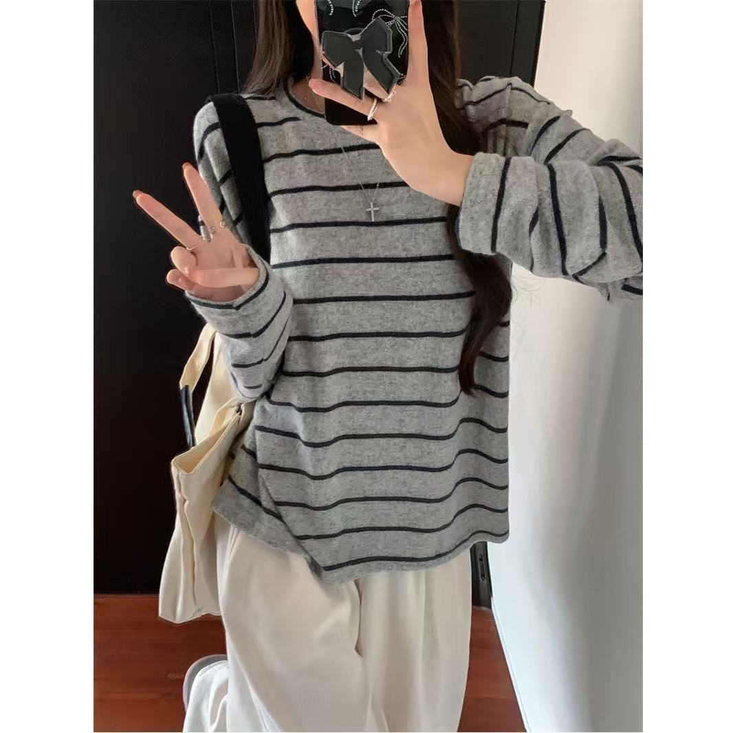 [Original practice] Autumn contrasting striped crew neck 2025 new loose and versatile bottom lazy style T-shirt women S