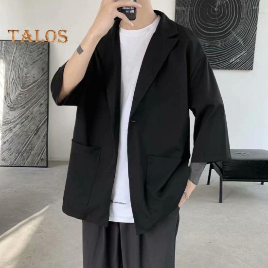 Men Suit Coat Solid Color Spring Summer Suit Jacket Single-Button Lapel Design 3/4 Sleeve Loose Fit Casual Business Outerwear