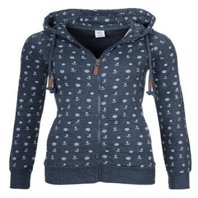 Luxuriöser und weicher Damen-Kapuzenpullover aus Fleece mit Seeanker-Print und Reißverschluss