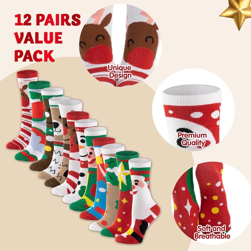 JOYFY 12 Pairs Christmas Socks Christmas Crew Socks for Women Holiday or Birthday Gift