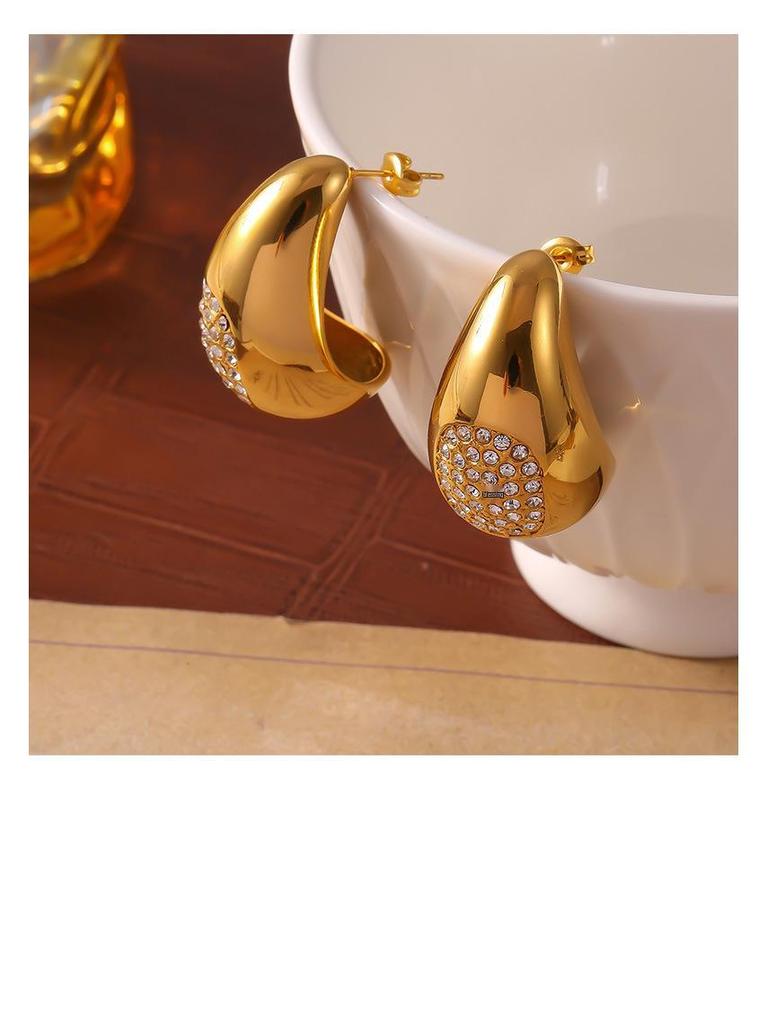 18k Gold Titanium Steel Teardrop Diamond Earrings - European & American Fashion Jewelry