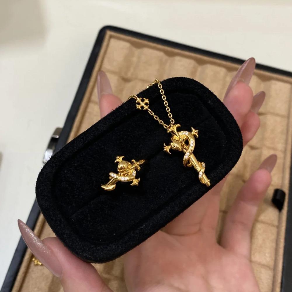 French Vintage Scepter Snake Ring New Chinese Style Zodiac Year Diamond Iris Snake Necklace Set for Women