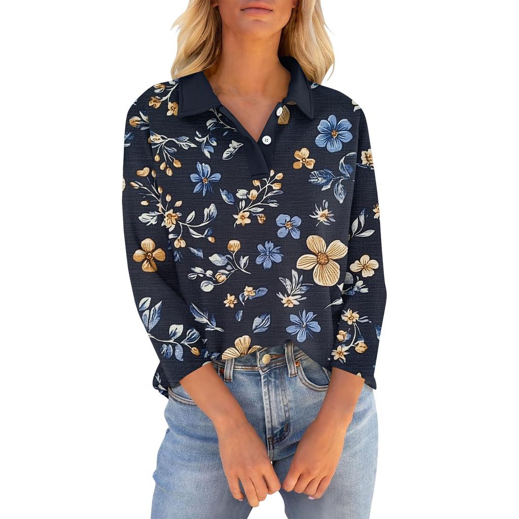 Women's 3/4 Sleeve T Shirts Summer V Neck Button Down Shirts Collared Casual Printed Loose Fit Tops