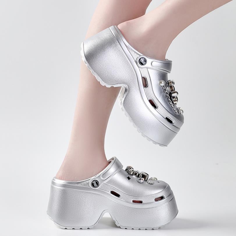 Silver Color Platform Slippers For Women Summer High Heel Shoes Thick Sole DIY Dog Girls Beach Slides Fashion Street Sandals