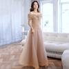 One-word shoulder evening dress 1011 new summer temperament French style host blue feeling banquet dress