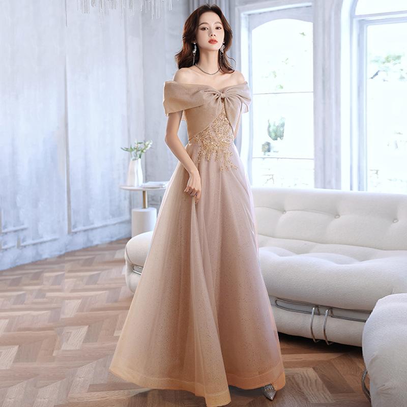 One-word shoulder evening dress 1011 new summer temperament French style host blue feeling banquet dress