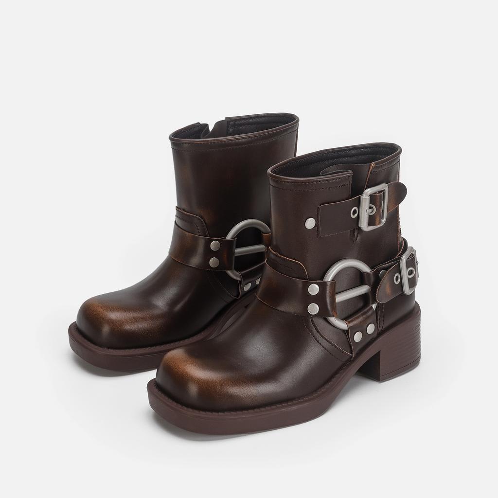 Polierte Retro-Western-Cowboystiefel Ritterstiefel dicker Absatz mittelhohe Zigarettenstiefel 2025 neue eckige Spitze Lokomotivstiefel