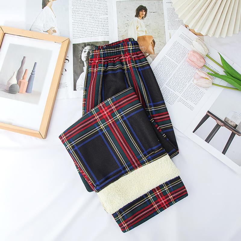 GMXIA Fleece Plaid Pants Women's Autumn and Winter Thickened High-waisted Slimming Straight Leg Casual Floor Wide Leg Pants