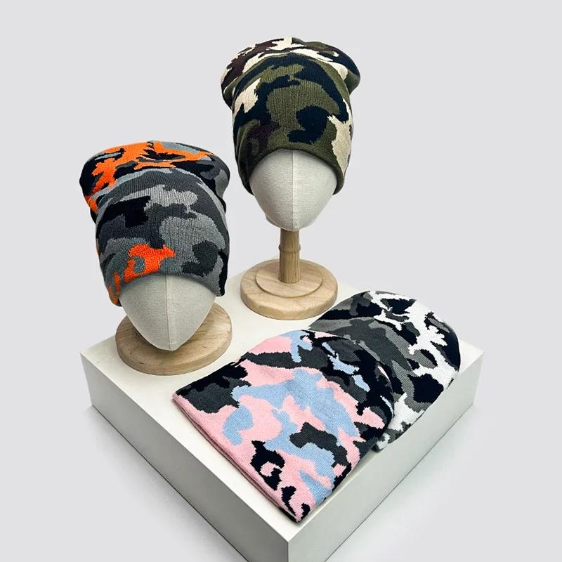Autumn and Winter New European Style Camouflage Color Block Knitted Hats Warm Versatile Hip Hop Beanies Street Fashion Outdoor