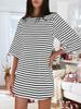 Women's Cotton Striped Mini Dress 3/4 Sleeve Loose Fit with Side Pockets
