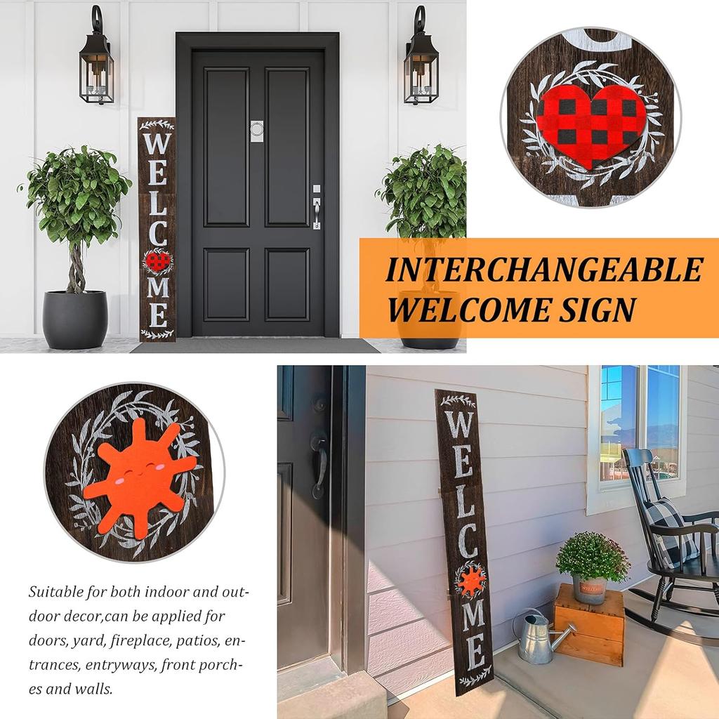 Jetec Welcome Sign for Front Door Interchangeable Wooden Welcome Porch Sign Outdoor Decoration Replaceable with 16 Seasonal Icon for Valentine's St.