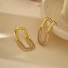 U-Shaped Stud Earrings With Full Crystal Pave Oval Design Sterling Gold Plated Minimalist Chic Women