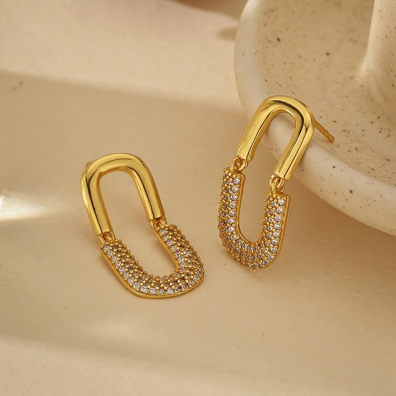 U-Shaped Stud Earrings With Full Crystal Pave Oval Design Sterling Gold Plated Minimalist Chic Women