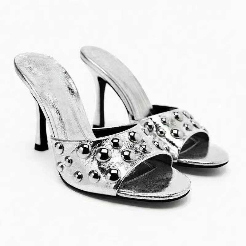 Fashion New Designer Large-sized Rivet Slippers for Export, Women's Outerwear Round Toe Exposed One-shoulder High Heels