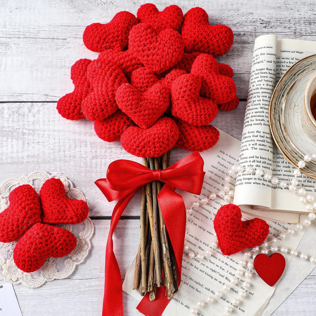 12Pcs Knitted Crochet Heart Tree Ornament Handmade Heart Tree Decoration for Home Christmas Tree Party Decor