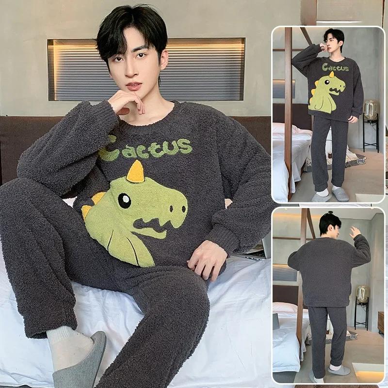 Pijama de Diseño Lindo de Moda para Hombre Otoño Invierno Forro Polar Coral Espesado Cálido Suave Masculino Polar Térmico Conjunto Ropa de Casa Juvenil