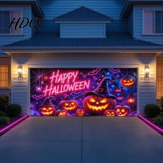 Large Spooky Holiday Banner Halloween Garage Door Banner Pumpkin Ghost Spider Web Patterns Yard Flag Polyester Festive Wall Sign for Party