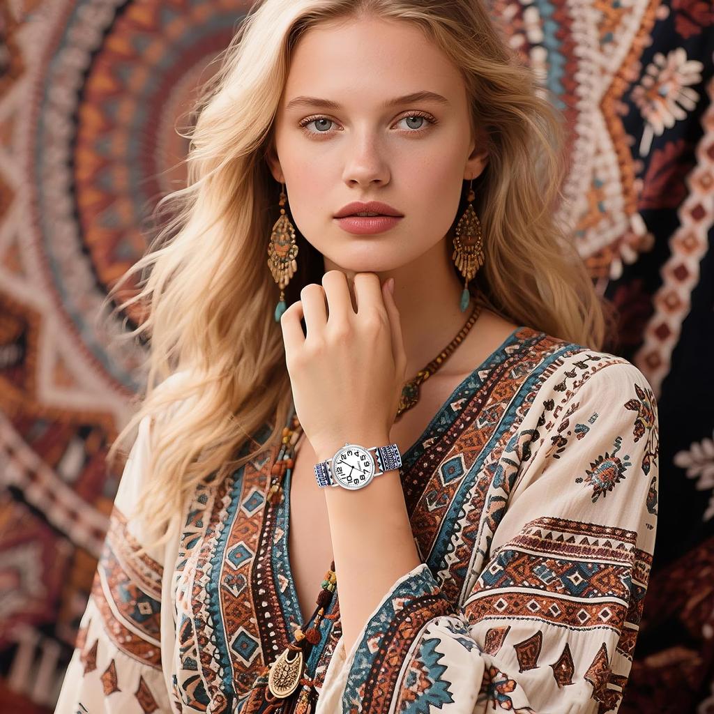 Bohemian Watch with Elastic Strap and Arabic Free Floral Waterproof Quartz Watch with Stretchable Stainless Steel Analog Colorful Ethnic Style Gift