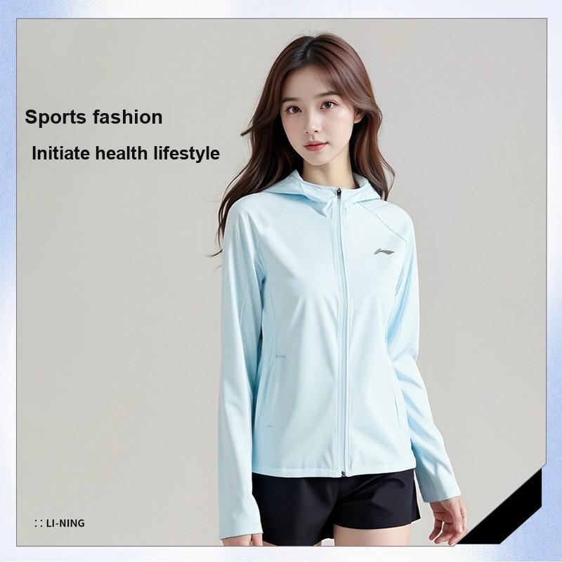 Li Ning Running Jacket Hooded Sports Windbreaker Women outerwear Light-Sky-Blue AFDV520-2