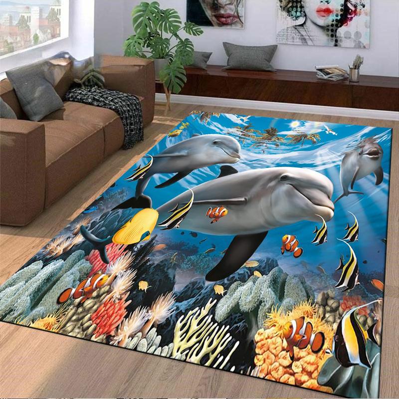 "Dolphin Ocean Underwater Coral Reef Themed Colorful Carpet Rug" Suitable for Use As an Anti-slip for Living Room Bedroom Sofas