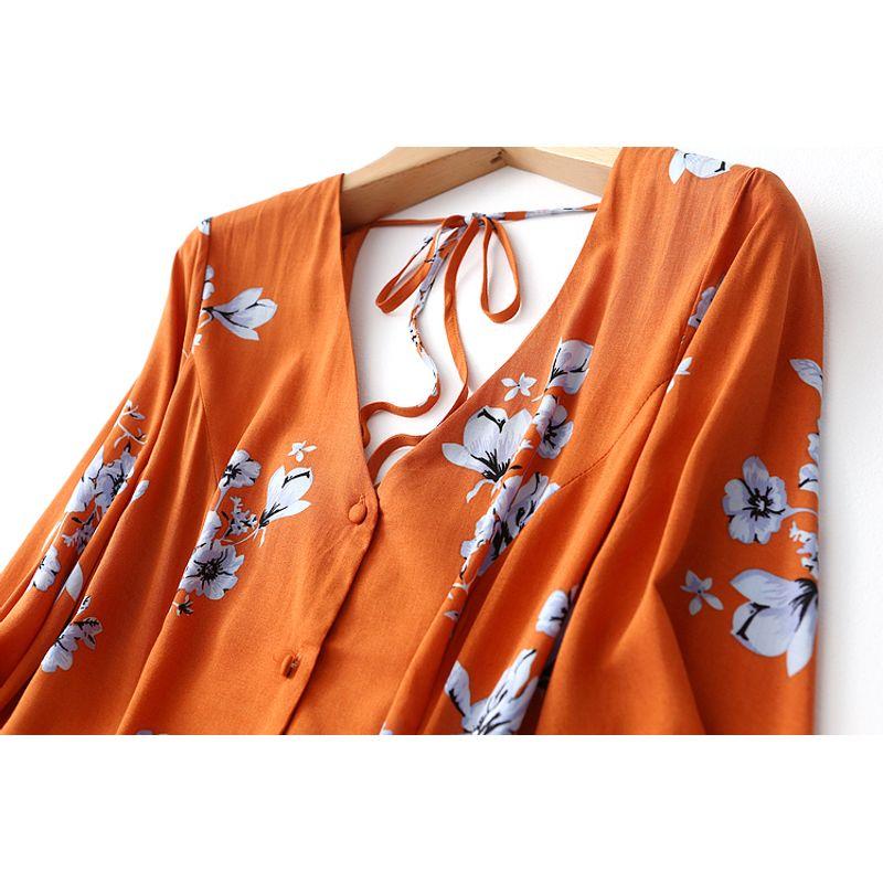 Foreign Trade Original Order Neckline Strap Sexy Pairs V-neck Flared Sleeves Print Noil Poplin Dress Artificial Cotton Skirt