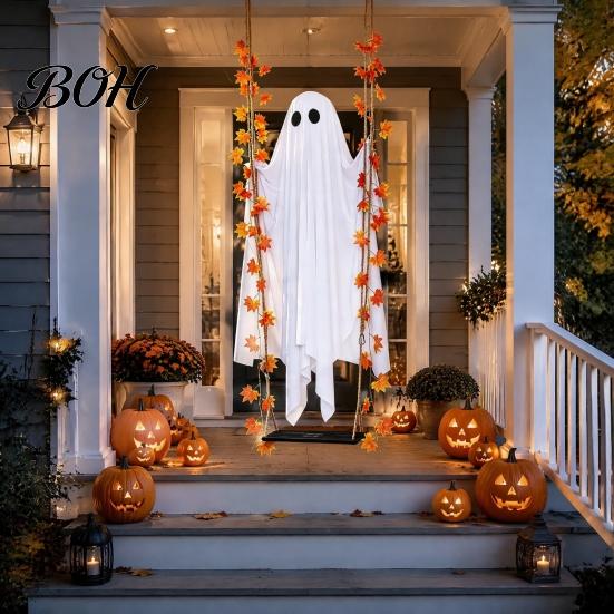 Fantasma di Tessuto Realistico Luminoso Appeso Oscillante Decorazione di Halloween con Telecomando, Grande Bianco Spettrale Ornamento Decorazione Giardino Esterno Foglie d'Acero