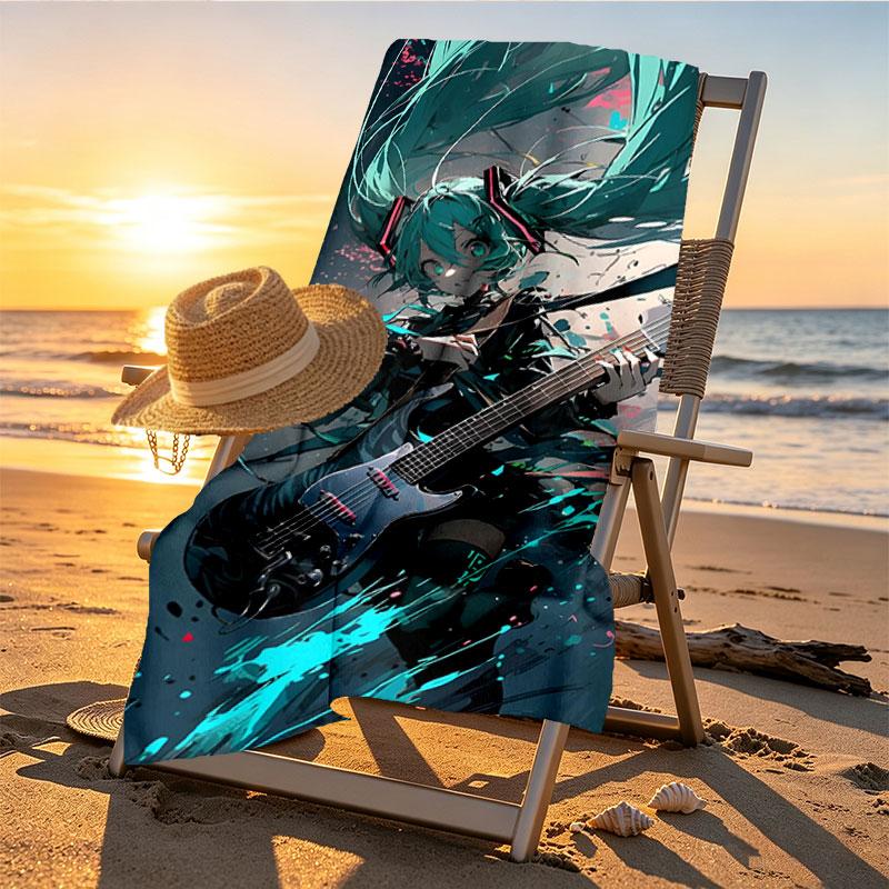 Hatsune Miku Print Beach Towel Design, Soft, Lightweight. for Home Bathroom, Spa, Pool, Yoga, Surfing, Camping, Gift for Family, Friend
