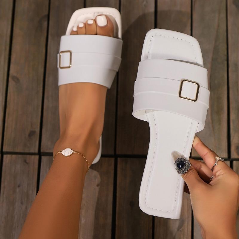Neuer Stil Flache Gürtelschnalle Ein-Schulter-Slipper Damenschuhe Retro Strand-Flip-Flops