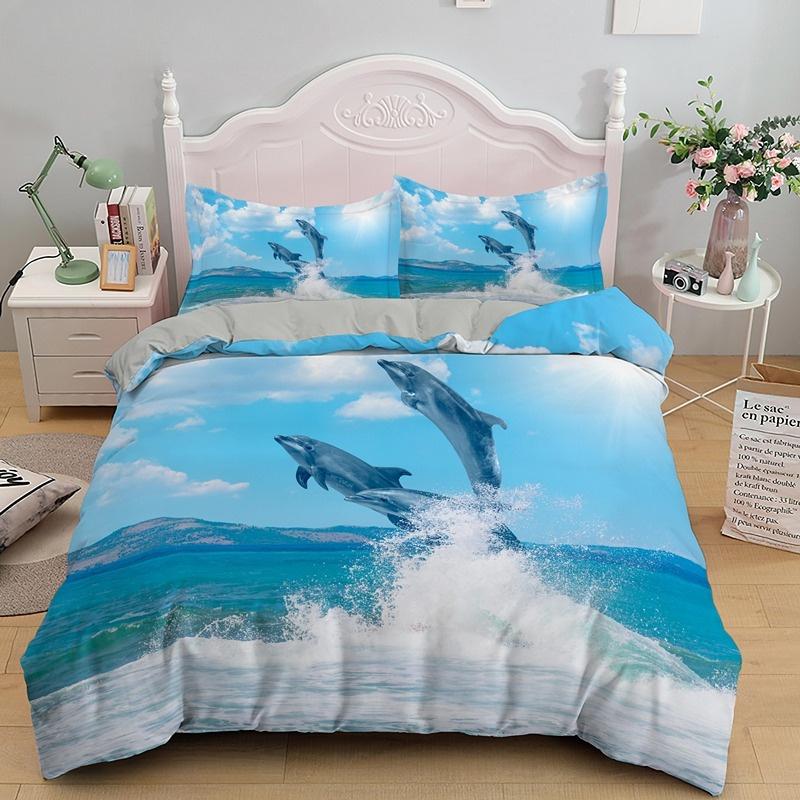 Dolphin Ocean King Queen Duvet Cover Cute 3D Sea Animal Bedding Set for Kids Teens Adults Shoal of Fish Blue 2/3pcs Quilt Cover