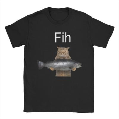 Herren Fih Lustige Falsch geschriebene Fisch Meme Katze Meme T-Shirts Reine Baumwolle Oberteile Sommer Kurzarm T-Shirt Rundhals T-Shirt Große Größen