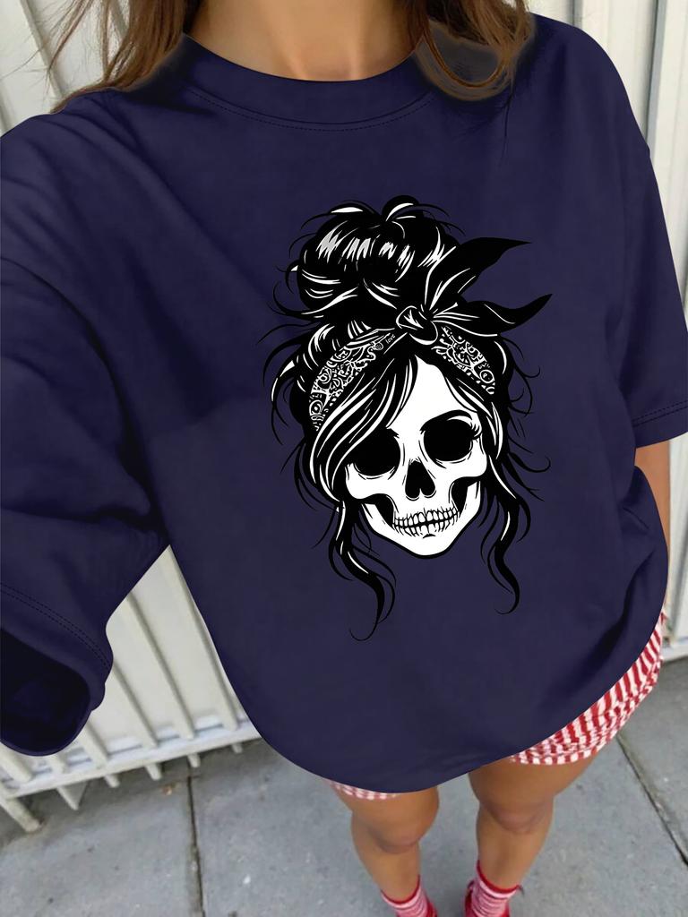 Plus Size Women's Casual T-Shirt - Black Geometric Skull & Floral Print, Round Neck Short Sleeve Top for Spring/Summer