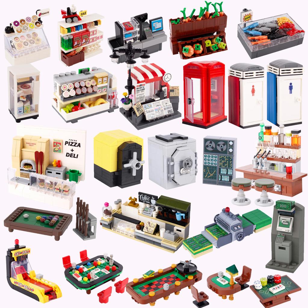 MOC Bricks Accessories City Supermarket Shop Store Building Blocks Street View Drink Food Vegetable Food Dessert Blocks Printed