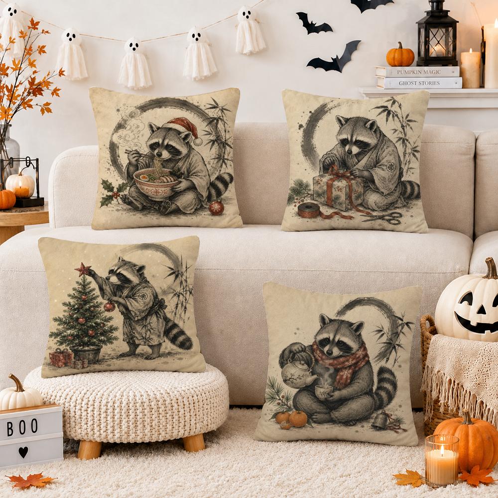 Japanese Raccoon Ramen Cushion Cover Breathable Short Plush Pillow Case Machine Washable Wrinkle-Resistant Soft Durable