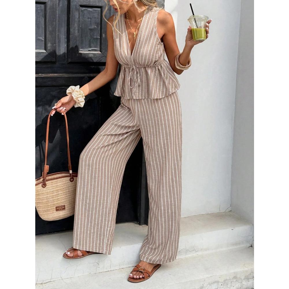 Ensemble 2 pièces élégant : Haut rayé sans manches à encolure en V et Pantalon large taille haute, Tenue décontractée d'été pour les vacances