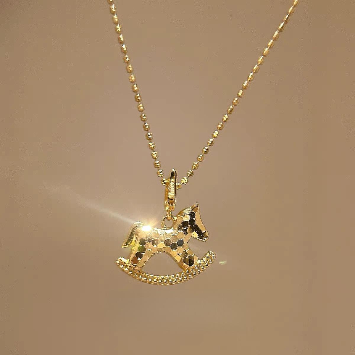 

14K Gold Silver Plated Copper Beads Chain Chokers For Women Korea Sparkly Sequined Cartoon Horse Pendant Necklaces Jewelry