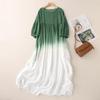 8973 Five-Sleeve Plus Size Gradient Cotton Linen Dress - Loose-Fit Early Autumn Style