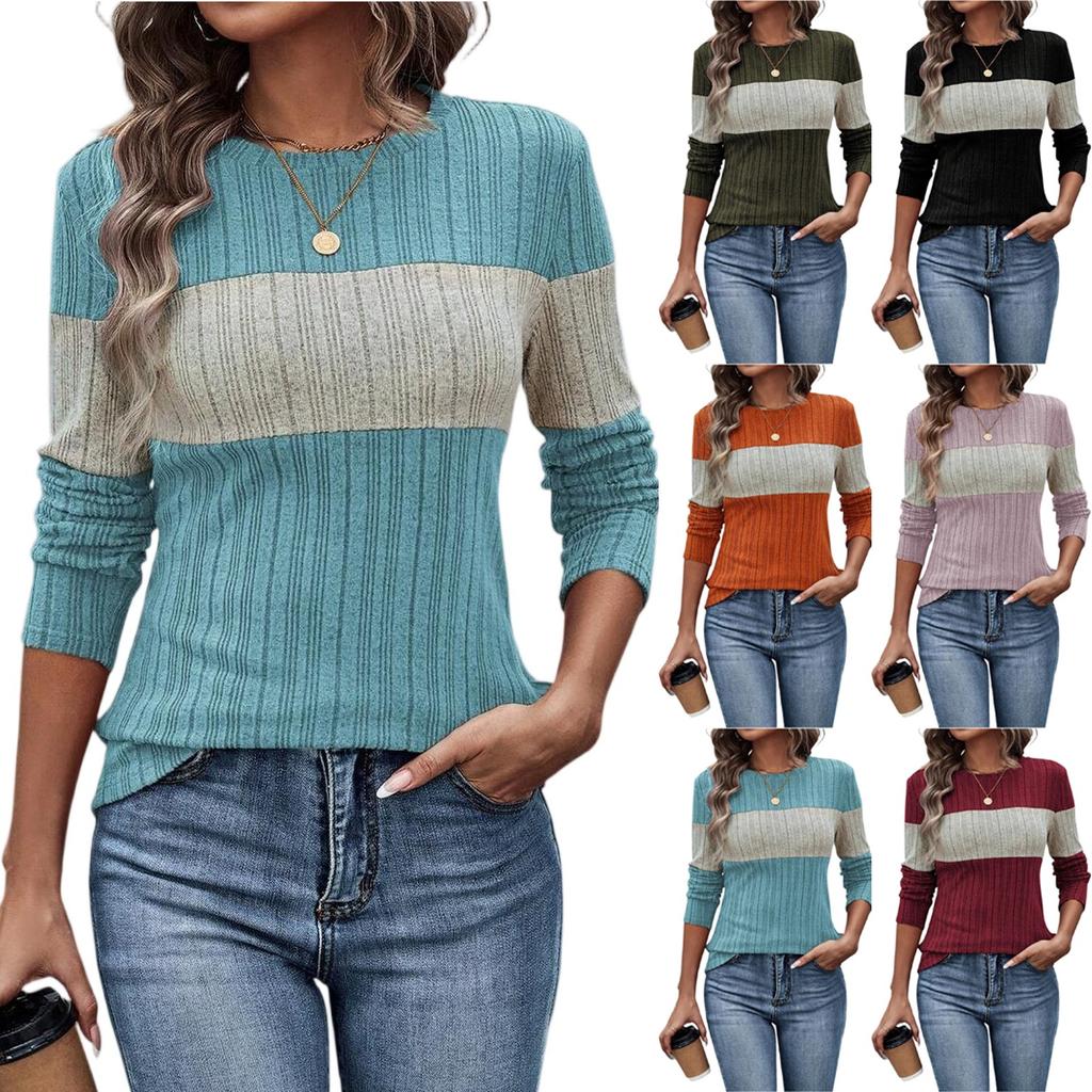Women's Fashionable Round Neck Long Sleeved Color Blocked Loose Casual Pullover Top