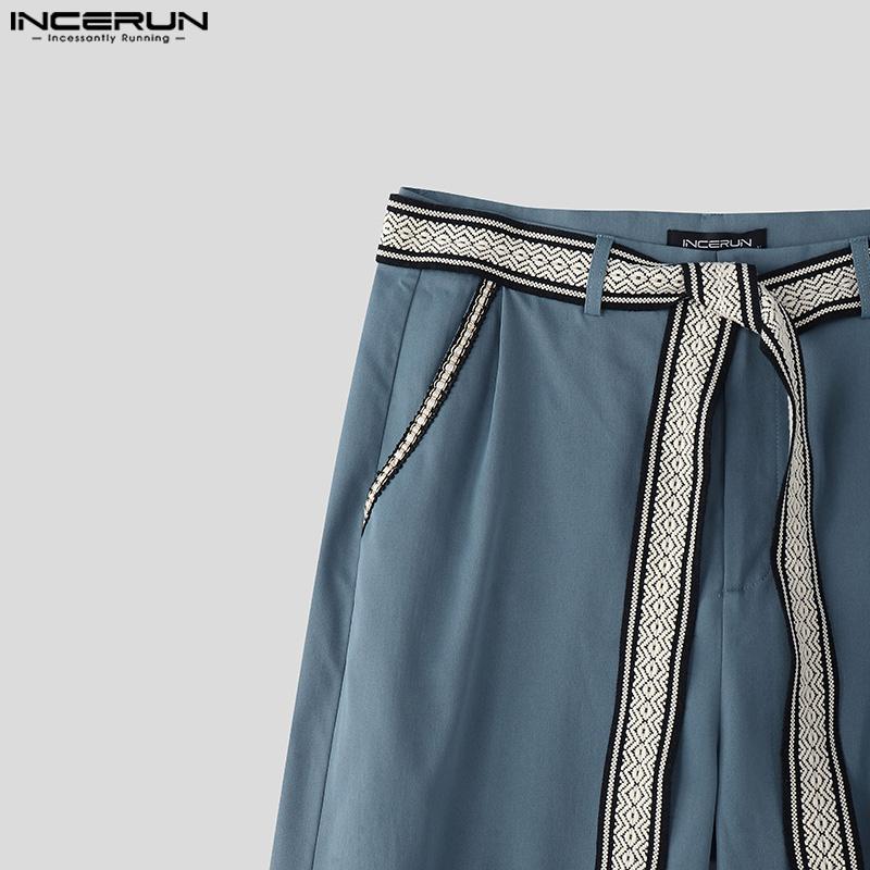 INCERUN Men Autumn Embroidery Belt Zip-up Waist Stitching Long Harem Pants Trousers