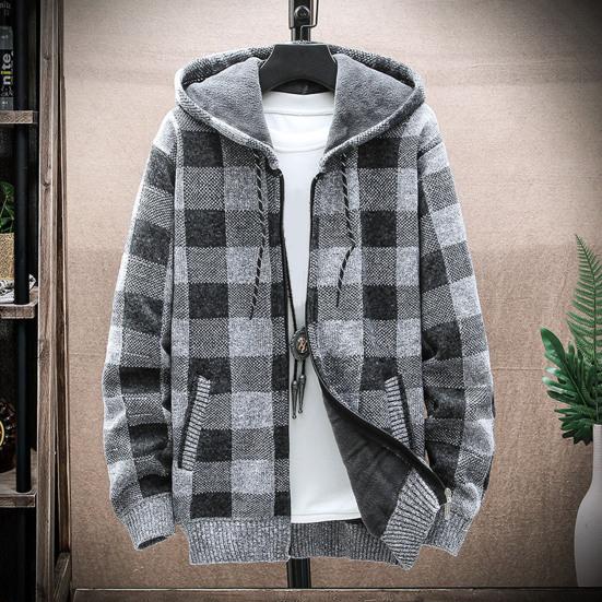 Zimowa męska bluza z kapturem Pluszowy dzianinowy płaszcz Długie rękawy Zapinana na zamek z kapturem Odzież wierzchnia Luźny krój Kraciasty wzór Gruba ciepła Podwójne kieszenie Sport Outdoor Praca Codzienna
