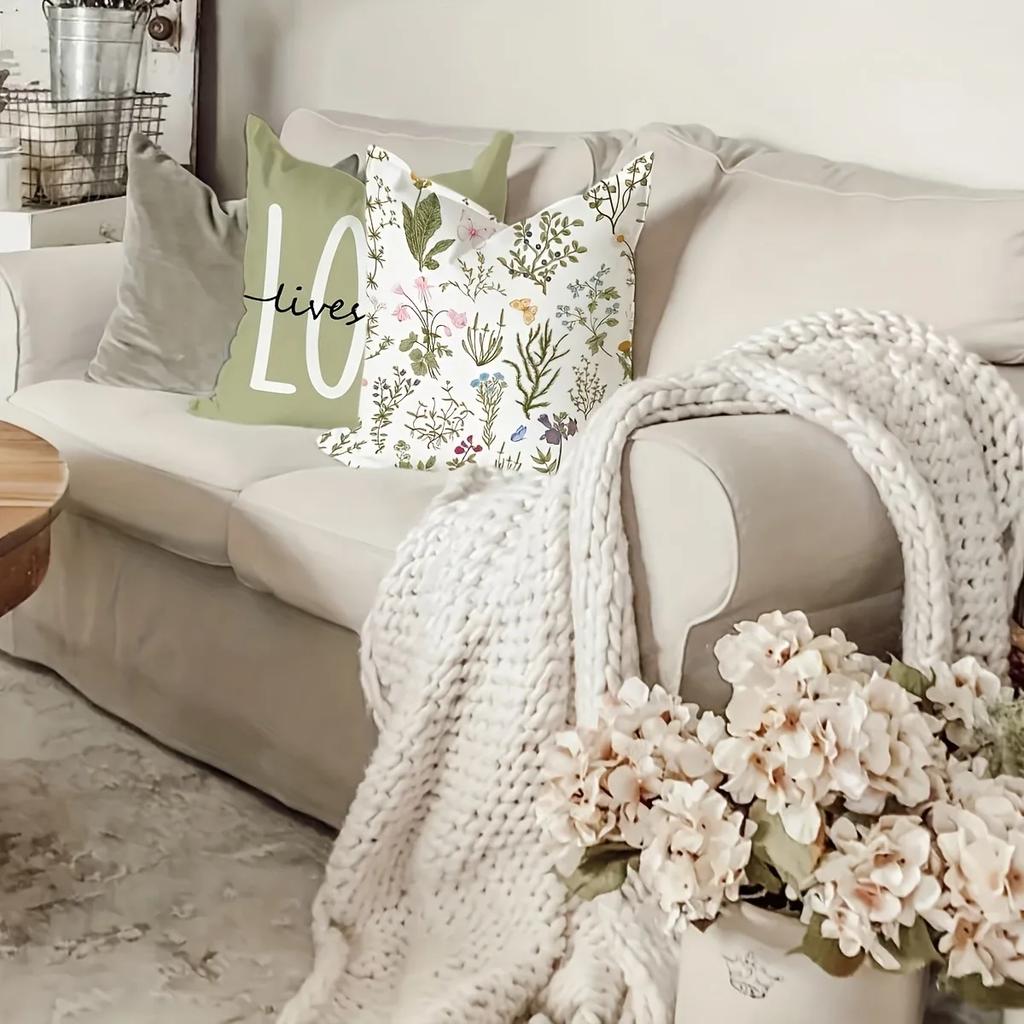 4Pc Greenery And Floral Warm Home Pillowcasebedroom Living Room Sofa Home Decor Polyester Cushion Cover With Zipper