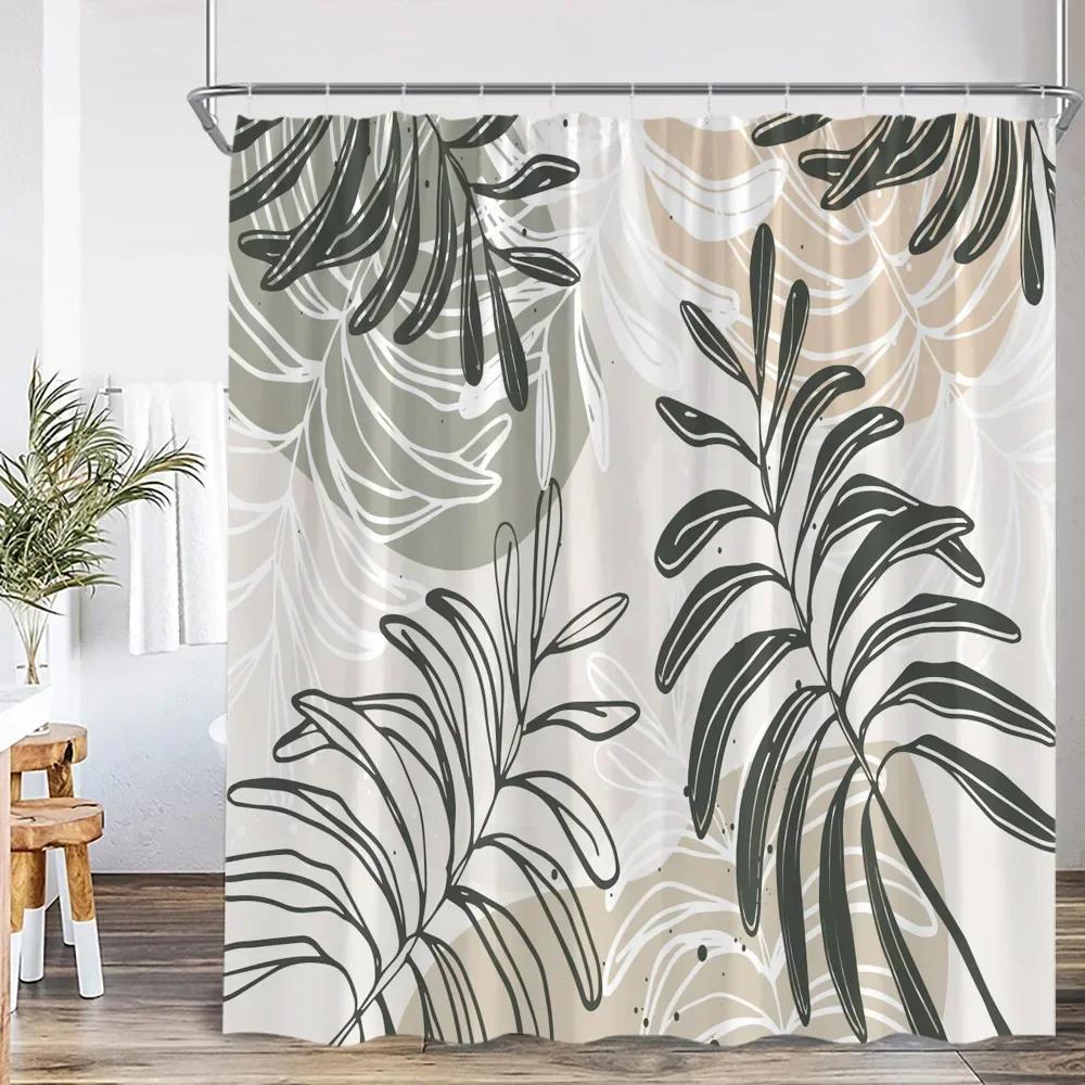 Modern Abstract Shower Curtain Medieval Tropical Leaves Greening Plants Bathroom Decoration Polyester Fabric Bathtub Curtain
