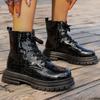 Women's  Fall Embossed High Top Boots British Motorcycle Style Lace Up Leather Mid Calf Shoes Chunky Sole Comfortable