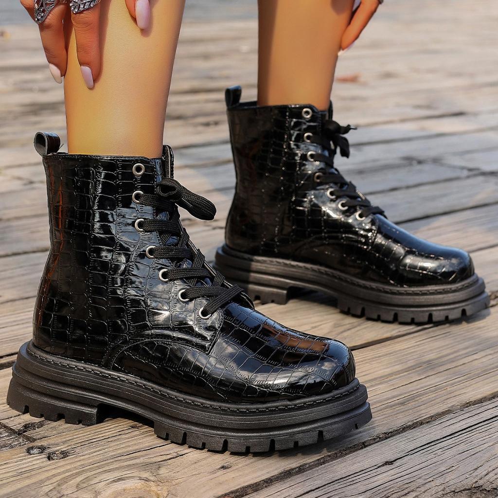 Women's  Fall Embossed High Top Boots British Motorcycle Style Lace Up Leather Mid Calf Shoes Chunky Sole Comfortable