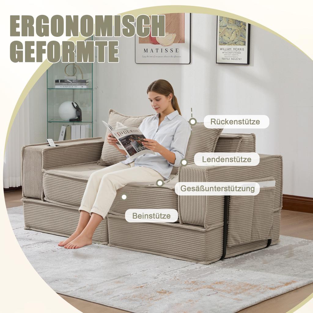 Sofá Cama Duplo com Sofá de Dois Lugares em Tecido e Duas Almofadas. Banquinho Decorativo com Armazenamento Lateral e Porta-Copos.