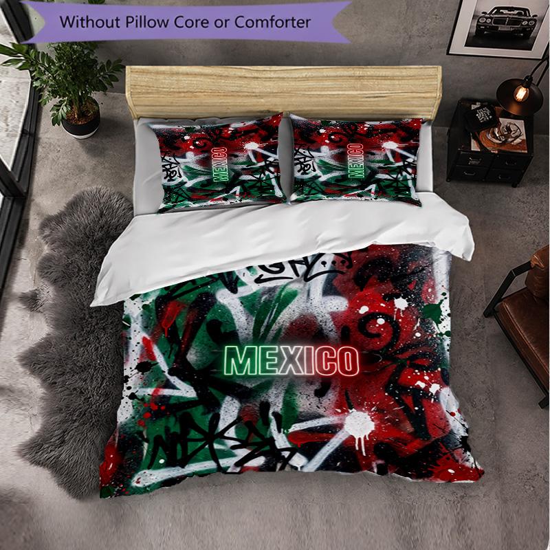 Mexico footbal Pattern 3 Pieces Bedding Set Soft Microfiber Duvet Cover with Pillow Cases for Bedroom