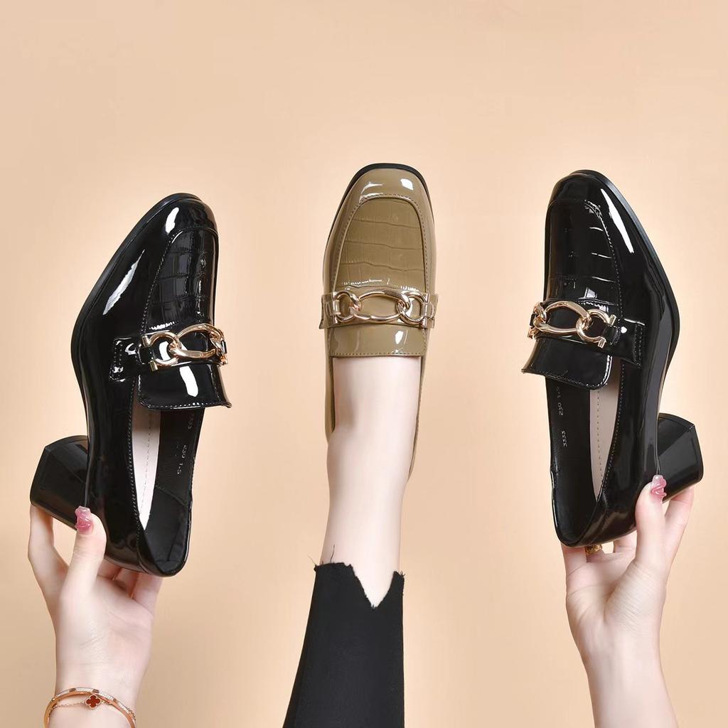 High Heels Women's Spring New Round Head Thick Heel Work Shoes Cow Patent Leather One Pedal Middle Heel Leather Shoes