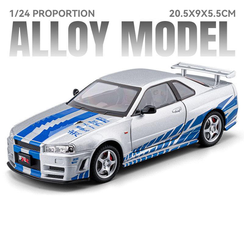 

1:24 Scale GTR-R34 Alloy Car Model Toy Doors Opened Pull Back Front Wheel Steering Vehicles Models Home Decor Decoration