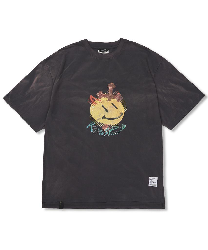 STIGMA Cross Smile Vintage-Like Washed Oversized Short Sleeves T-Shirts Charcoal