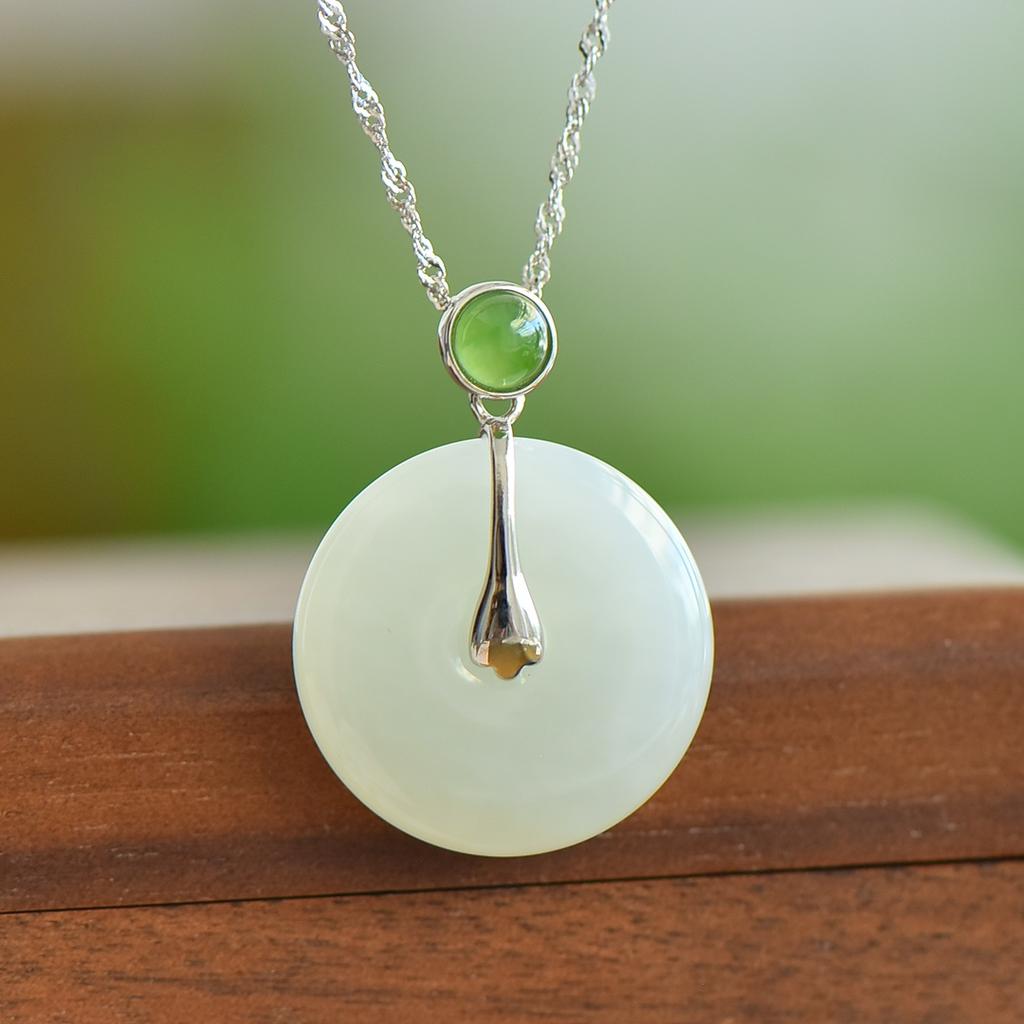 Hotan Jade S925 Silver Inlaid Safety Clasp Pendant Necklace